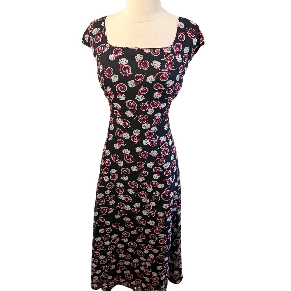 Jones New York Silk Maxi Dress Black Pink Floral Square Neck Cap Sleeve Size 12